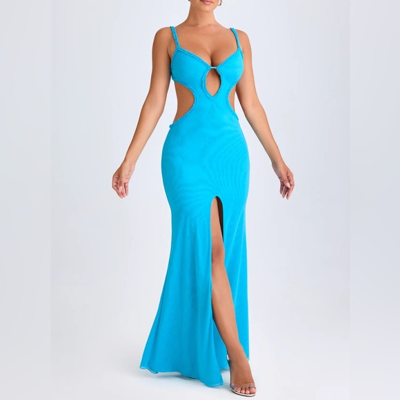 Oh Polly! Shakila Ruffle-Appliqué Cut-Out Maxi Dress in Aqua Blue - Picture 1 of 7